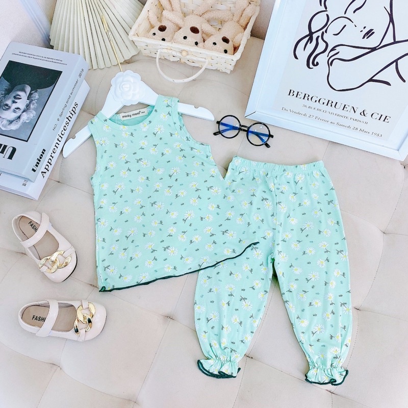 BL17 Bộ Ba Lỗ Quần Dài Bo Chun Thun Mát hoạ tiết Hoa cho bé Gái từ 8kg đến 18kg