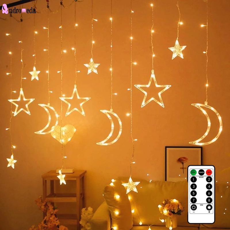 Dây Đèn LED 3.5M Hình Ngôi Sao/Mặt Trăng Điều Khiển Từ Xa Với 8 Chế Độ Sáng Dùng Để Trang Trí Nhà