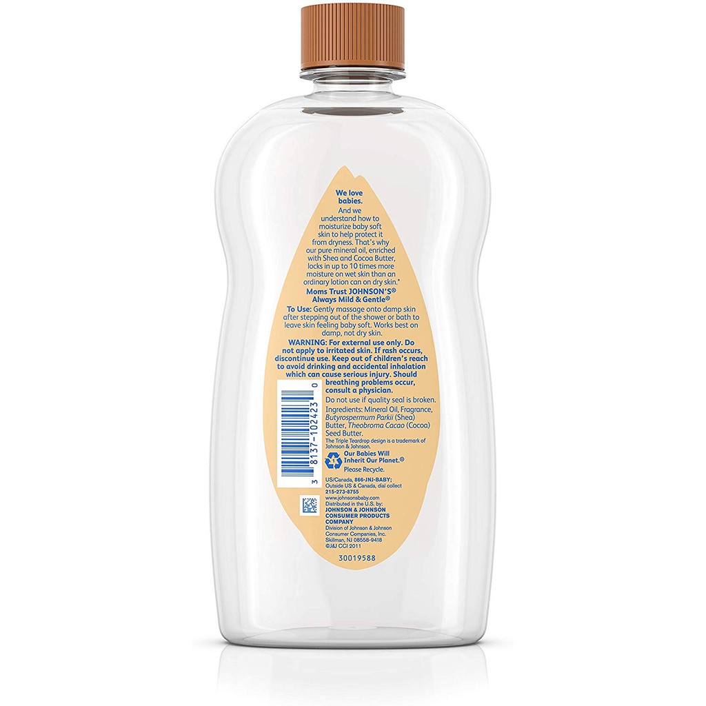 Dầu giữ ẩm cho trẻ Johnson's Baby Oil Enriched With Shea &amp; Cocoa Butter 591ml (Mỹ)