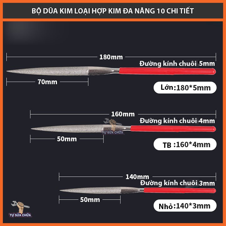 Bộ dũa mài kim loại hợp kim đa năng 10 cây các size 5x180mm, 4x160mm, 3x140mm, dũa kim cương loại xịn chính hãng DIAMOND