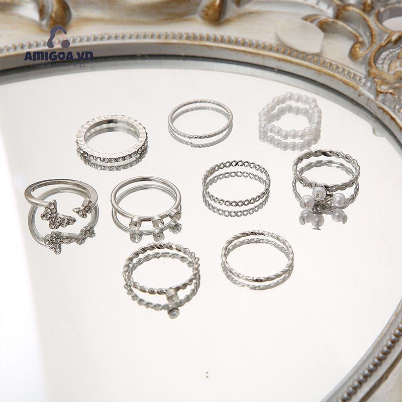 ✨✨Set 9 nhẫn bạc ngọc trai pha lê thanh lịch Bộ nhẫn mỏng rỗng cho nữ phụ kiện trang sức