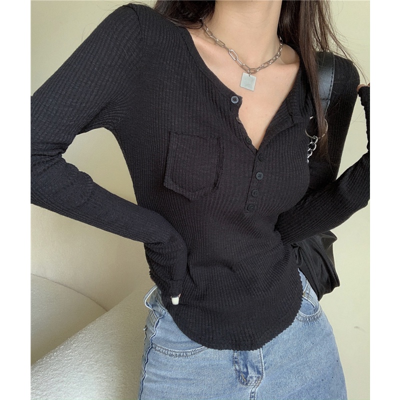 Áo DUNEA 3.3 dài tay cổ chữ V phối túi nút gợi cảm cho nữ