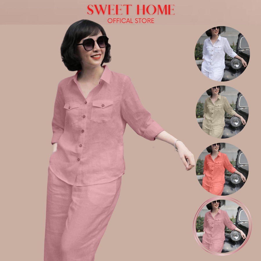 Bộ Quần Áo Dài Tay 2 Túi Sweet Home Vải Đũi Hàn Quốc A11