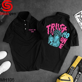 Áo Thun Nam Có Cổ MH105 Polo Đen Nữ Thần Xanh Trust No One Sau Lưng Chữ Ngực Trái [40kg-110kg]
