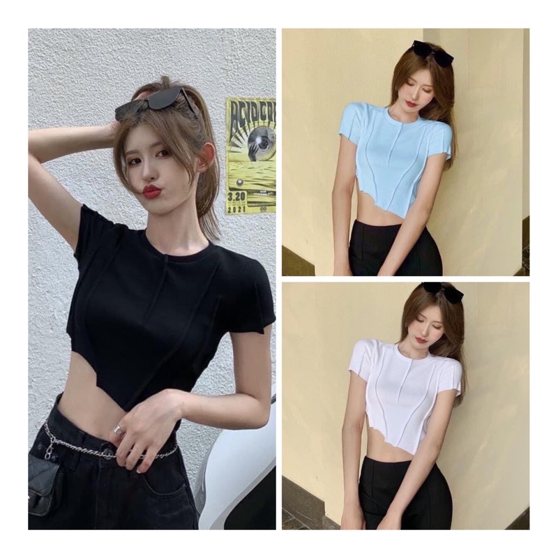 Áo Croptop Body Thun Gân Ngắn Tay Lệch Tà Viền Chỉ Nổi Cá Tính Năng Động Nổi Bật