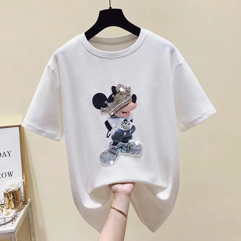 Áo thun cotton dáng rộng họa tiết chuột Mickey dễ thương cho nữ