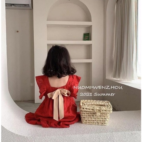Đầm Công Chúa Thắt Nơ Đỏ Thời Trang Mùa Hè Hàn Quốc Cho Bé Gái