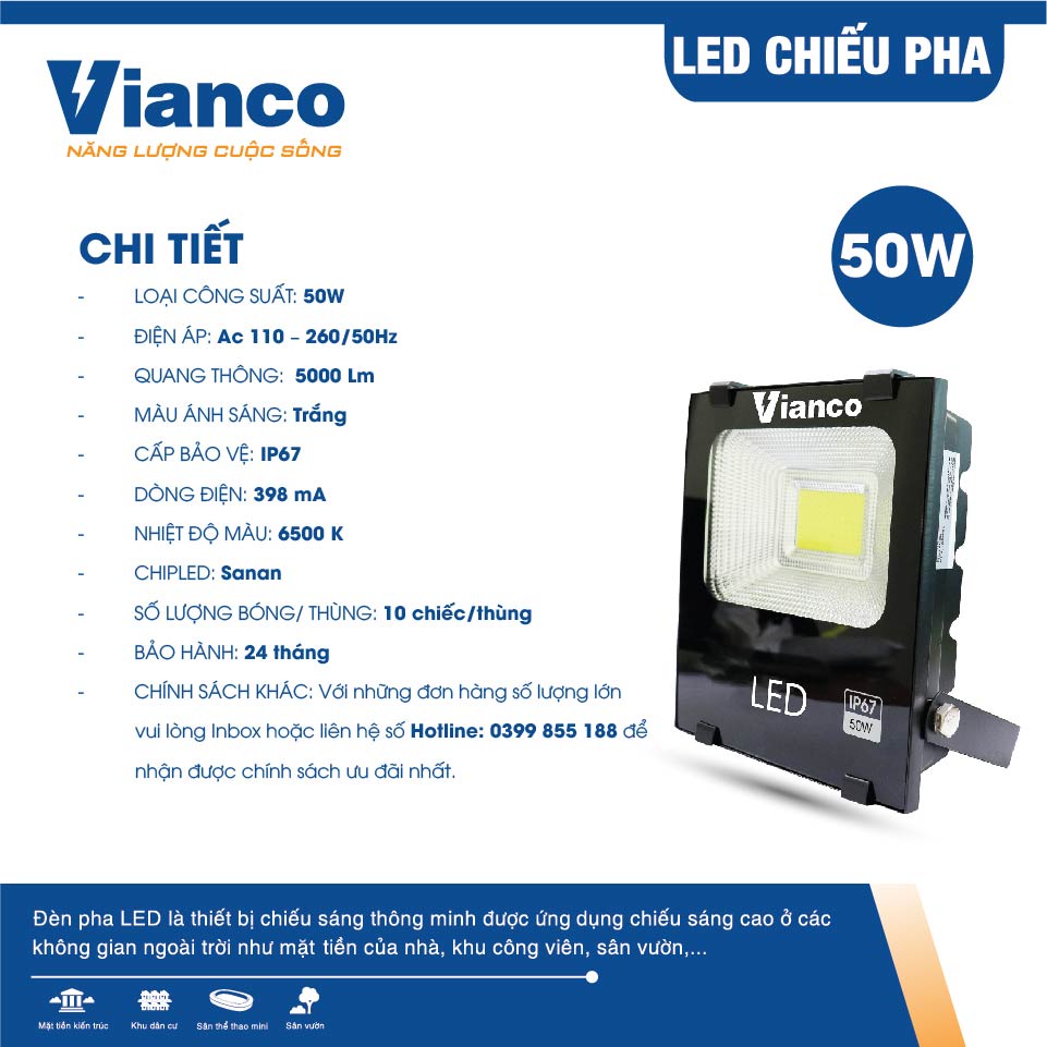 Đèn Pha Led VIANCO Công Suất Tiêu Thụ Điện Thấp, Tạo Màu Ánh Sáng Ấn Tượng