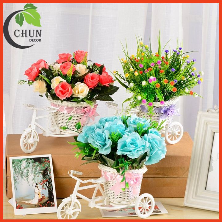 Hoa giả - Giỏ xe đạp hoa lụa nhiều mẫu cao 22cm để bàn,kệ tủ trang trí nhà cửa