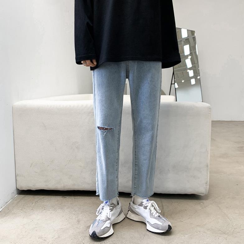 Quần jean baggy xanh nam, nữ ống rộng rách gấu + rách gối dáng suông, không phai màu- Jaune Blanc Đẹp