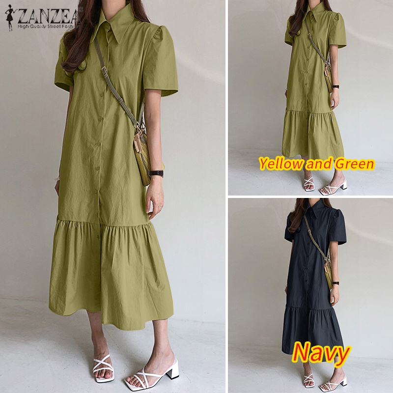 Đầm ZANZEA ngắn tay cổ bẻ dáng rộng thời trang Hàn Quốc cho nữ