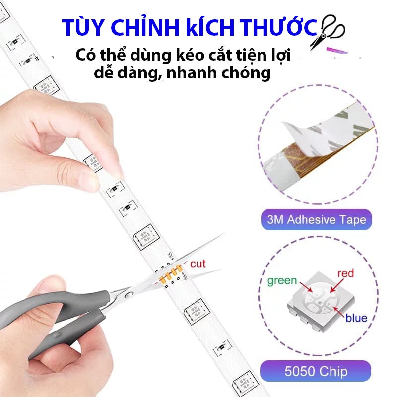 Đèn led tik tok đổi màu RGB 5m 5050 cảm biến nhạc, kết nối Wifi đèn led trang trí, dán tường điều kiển qua app