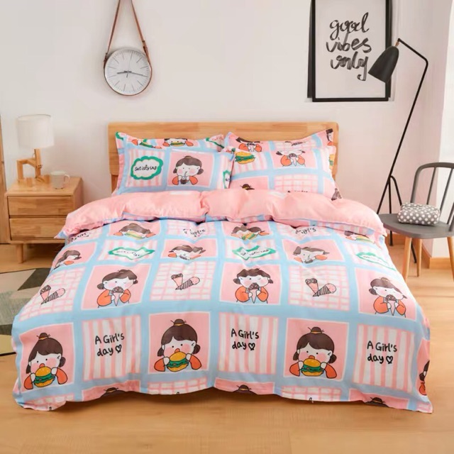 Set Chăn Ga Cotton Poly Bé Gái Ăn Uống Ngộ Nghĩnh Ga Hồng Cực Chất Shinbedding.shop