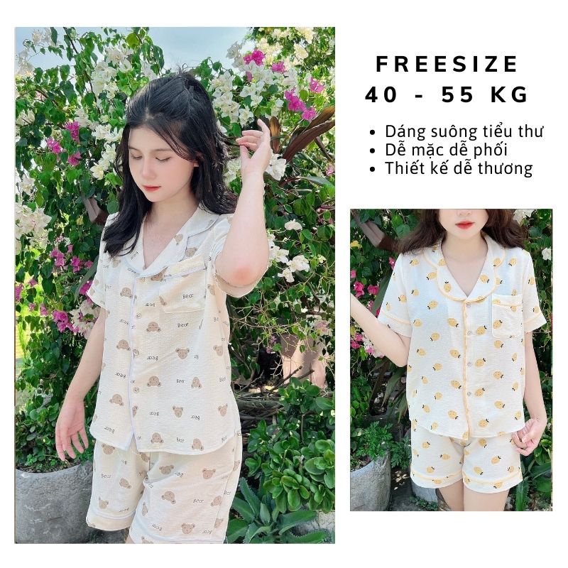 Bộ Đồ Ngủ Nữ Pyjama Mặc Nhà, Quần Áo Ngủ Nữ Chất Liệu Đũi Xốp Họa Tiết Dễ Thương Hàn Quốc Freesize Từ 40 - 55 kg