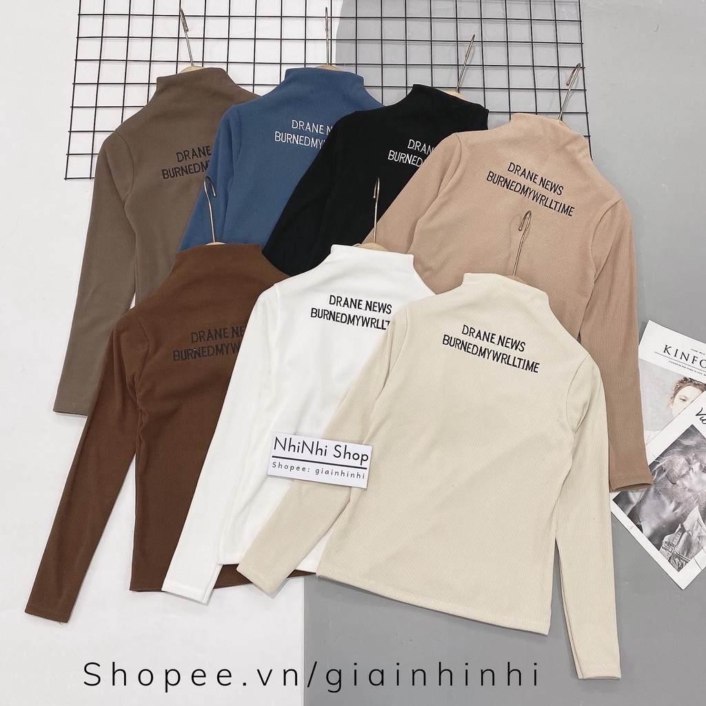 Áo tăm nhung cổ tròn thêu chữ DR dài tay, Áo phông cổ cao dáng ôm AS6504 - NhiNhi Shop