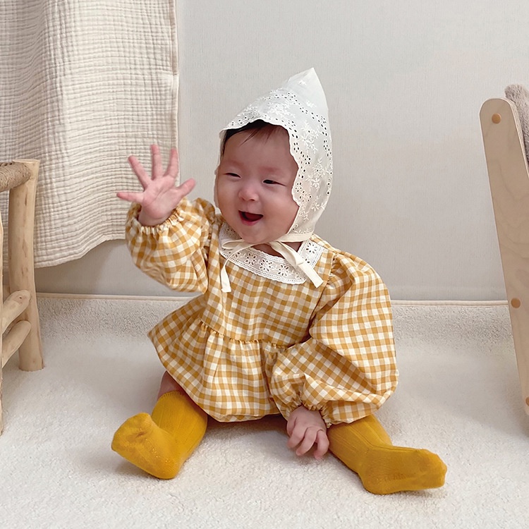Bộ áo liền quần tay dài phối ren họa tiết sọc caro cho bé 0-3 tuổi