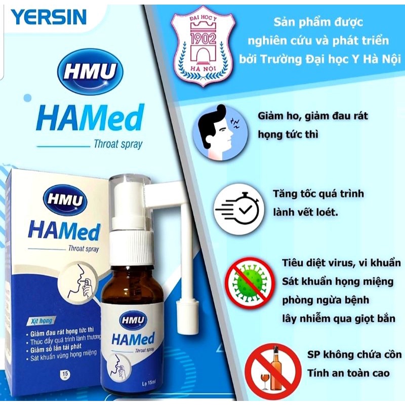 Xịt họng HMU HAMed hỗ trợ giảm ho, ngứa họng, đau rát họng