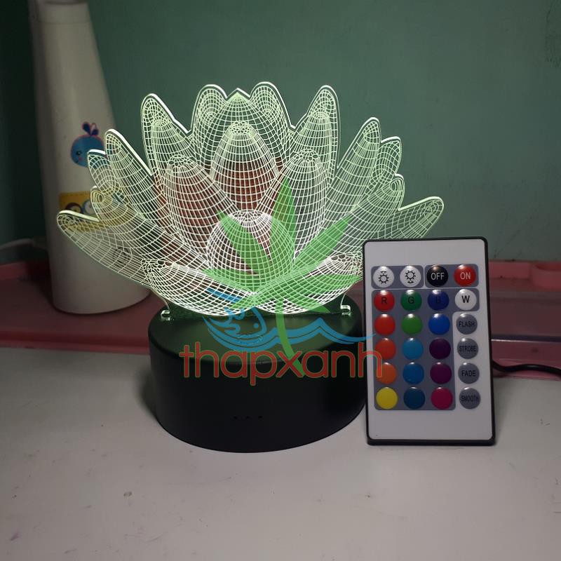 Đèn ngủ, Đèn trang trí Led 3D, Đèn ngủ 16 màu mini có điều khiển Bông Sen