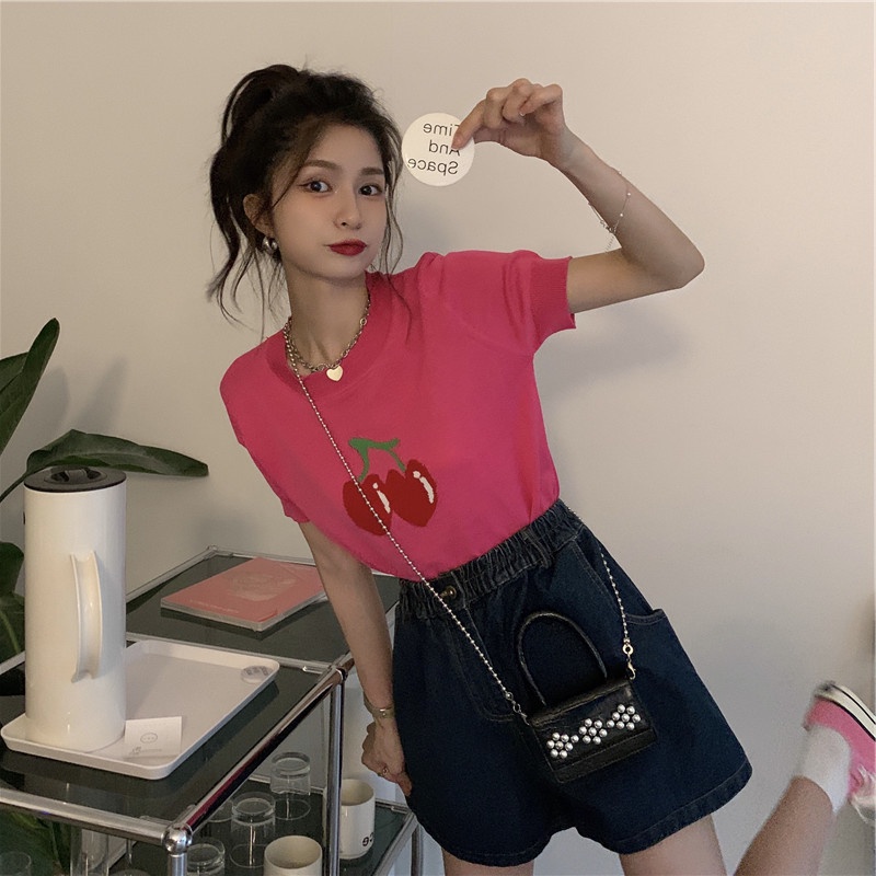 Áo thun ZHELIHANGFEI dệt kim lụa băng in họa tiết cherry phong cách đường phố ngọt ngào