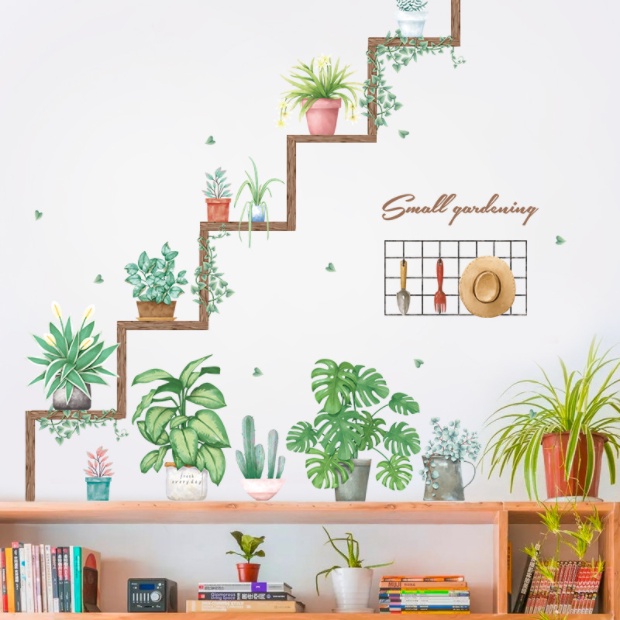 Decal trang trí tường - Những chậu hoa nhỏ trên kệ gỗ