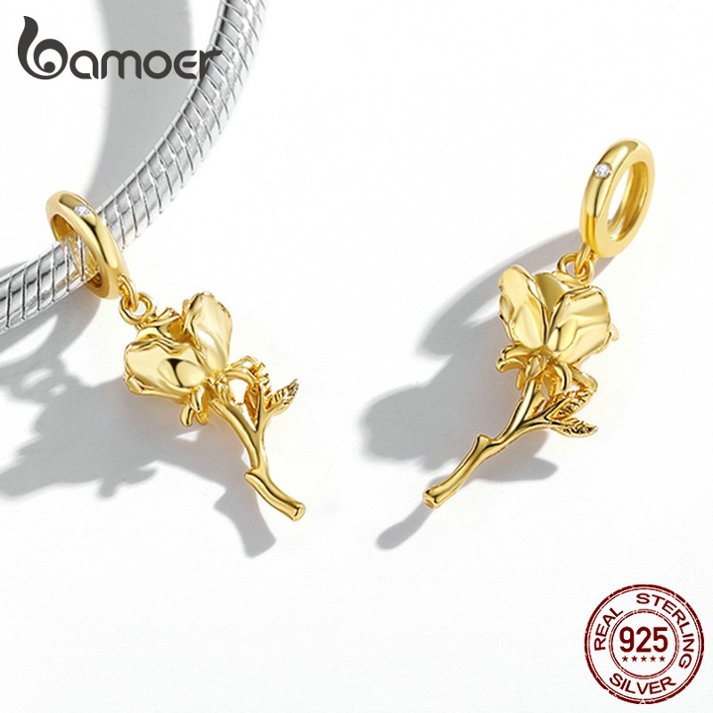 Hạt Charm BAMOER Bsc145-B Hình Hoa Hồng Vàng Đồng Bằng Bạc 925 Đường Kính Lỗ Xâu 5mm Dành Cho Vòng Tay Tự Làm