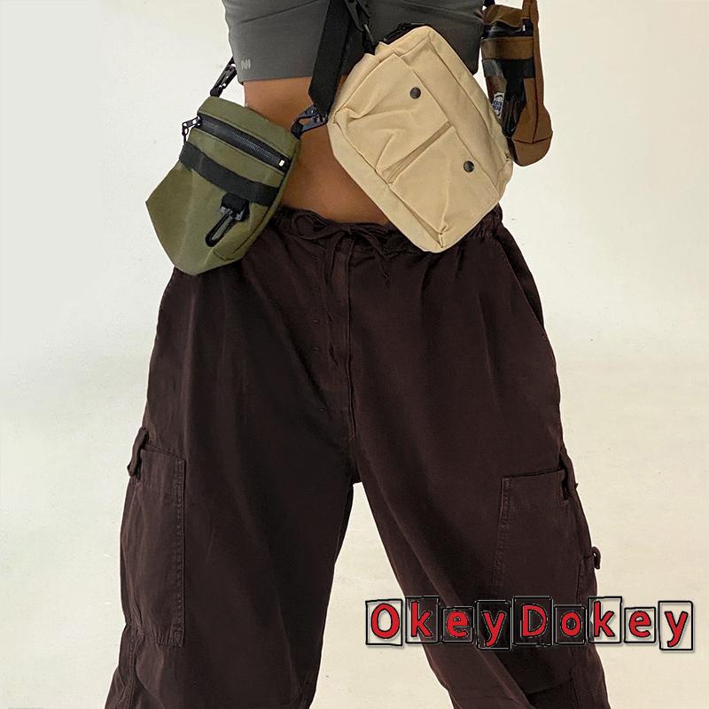 Quần Dài Ống Rộng Dây Rút Phối Túi Màu Trơn Phong Cách Retro Cho Nữ-Y2k