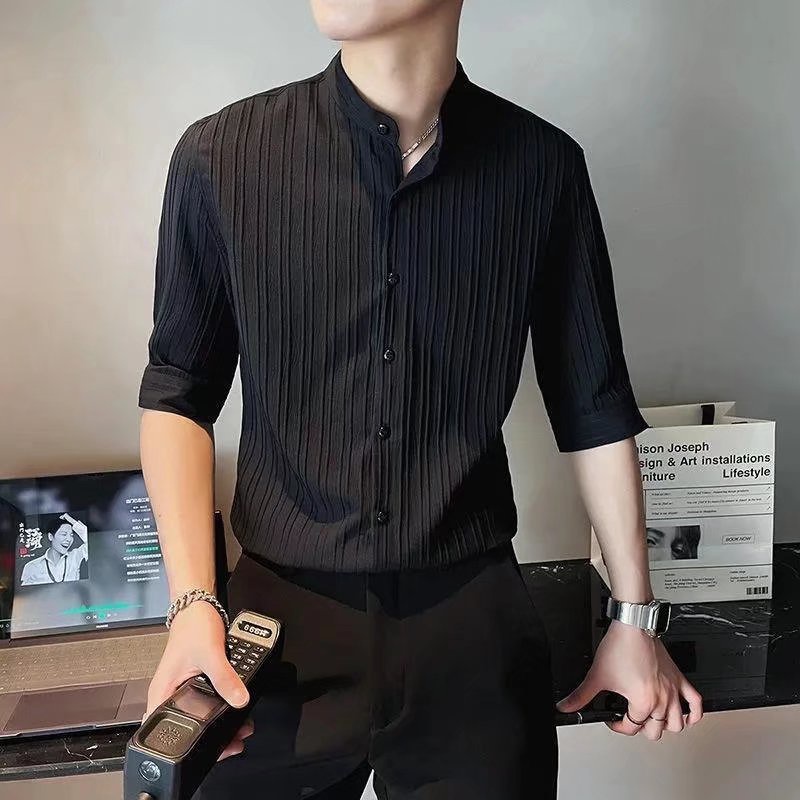 Áo Sơ Mi Tay Lửng Bằng Lụa Lạnh Màu Trắng Đen m-3xl Phong Cách Hàn Quốc Cho Nam