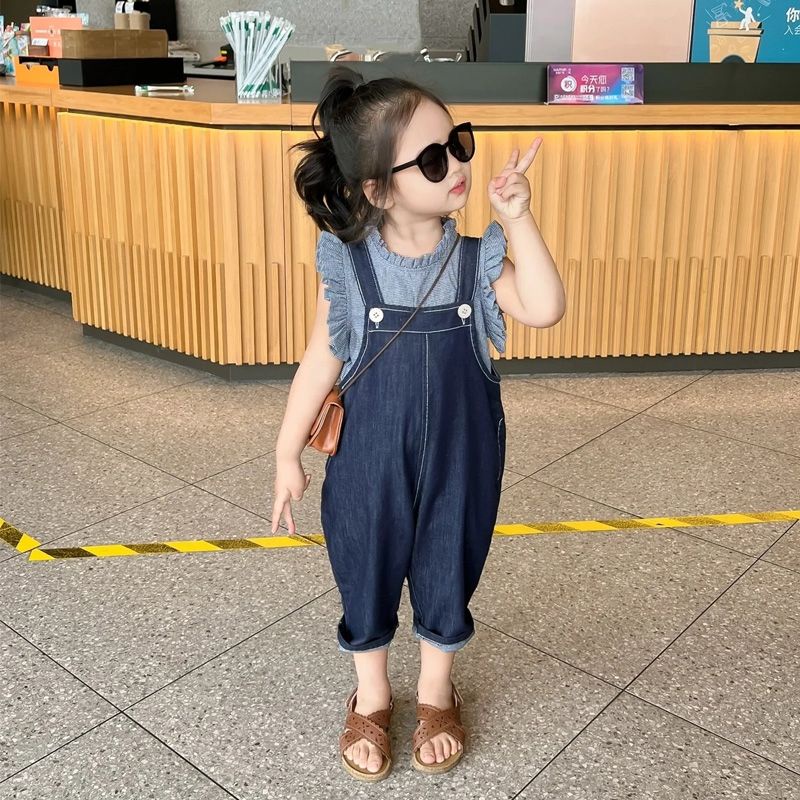 Quần Yếm Denim Ngắn Dáng Rộng Phong Cách Hàn Quốc Thời Trang Mùa Hè Cho Bé Gái