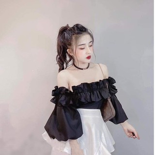 Sét Áo Trễ Vai Tay Nhúm Bèo Phối Chân Váy Xòe Cánh ( 2 Màu Kem , Đen ) Kiểu Dáng Trẻ Trung Cá Tính - Winchois