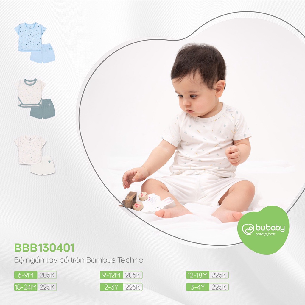 Bộ ngắn tay cổ tròn Bambus Techno Bu Baby bộ cộc tay bé trai bé gái mùa hè mát mẻ
