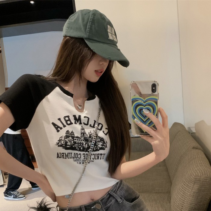 Porozi  Áo thun  tay ngắn cổ chữ V in họa tiết phong cách retro Hàn Quốc thời trang cho nữ 3 màu tùy chọn