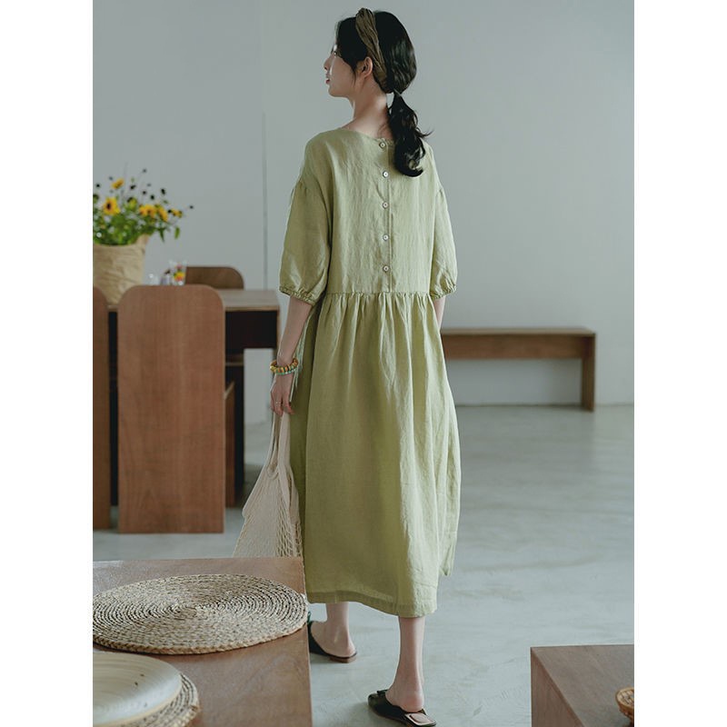 Đầm linen dáng suông thiết kế cúc cài chỉnh eo thời trang phong cách trẻ