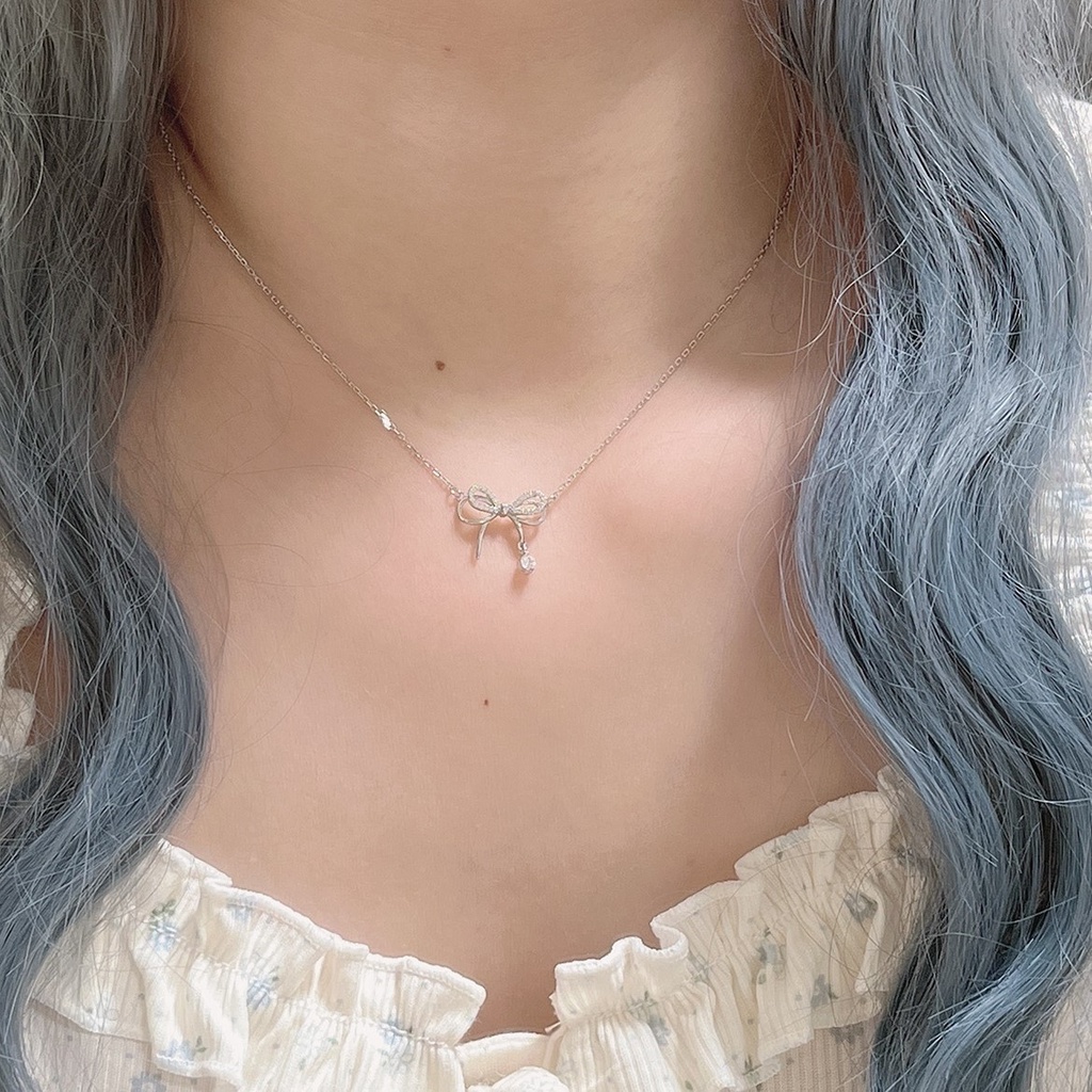 Vòng cổ choker DODDER mặt nơ pha lê màu bạc thời trang cho nữ