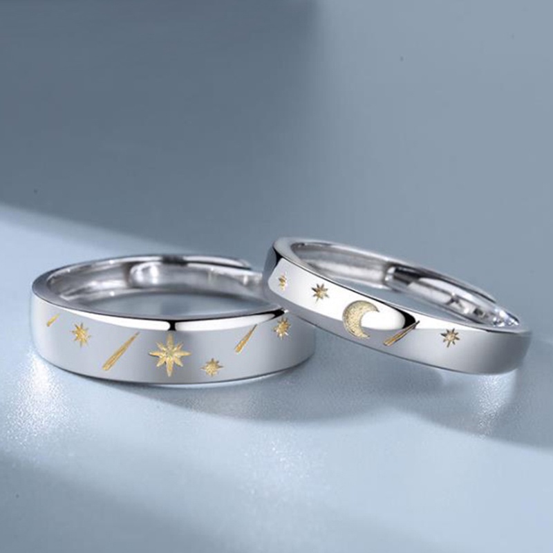 Nhẫn bạc S925 thiết kế hình mặt trăng/ngôi sao/mặt trời có thể điều chỉnh cho cặp đôi