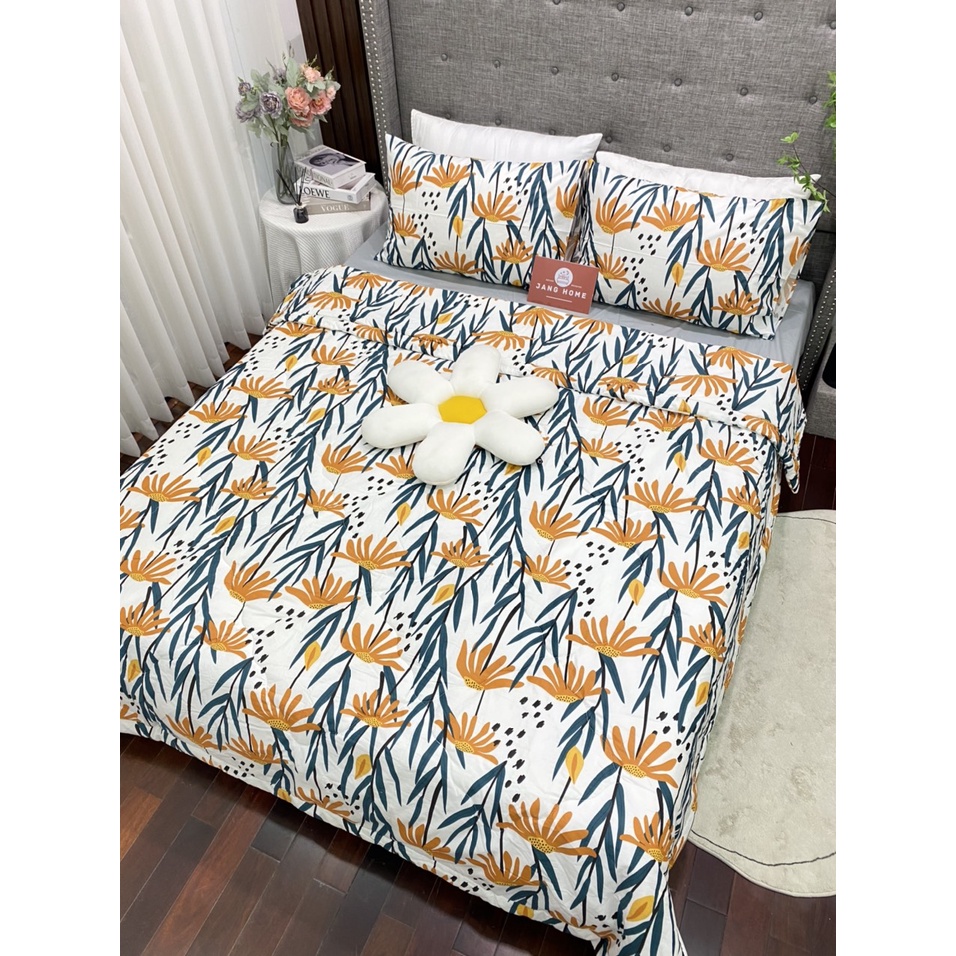 Bộ 5 món chăn ga gối Cotton Living họa tiết Vintage cao cấp, Chăn ga gối chất cotton 100% bền đẹp mềm mịn