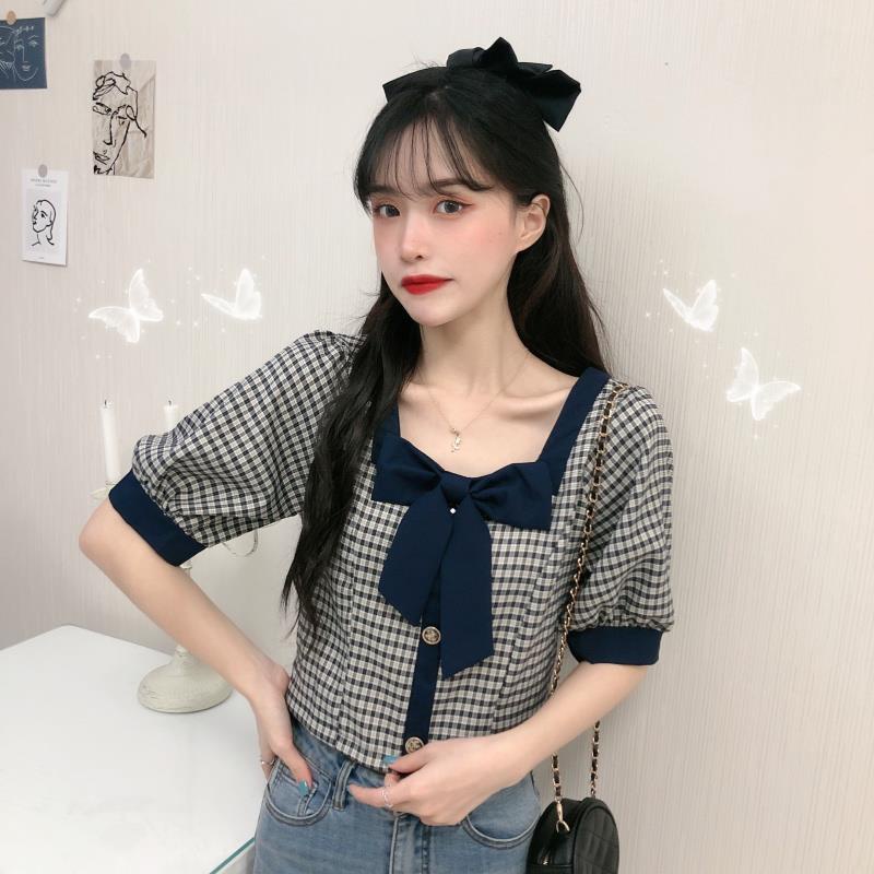 AMOI Áo Sơ Mi Ngắn Cổ Vuông Hở Vai Họa Tiết Sọc Caro Phong Cách Pháp Thời Trang 2022 Cho Nữ