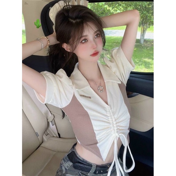 Áo croptop rút dây giữa cổ sơ mi PC