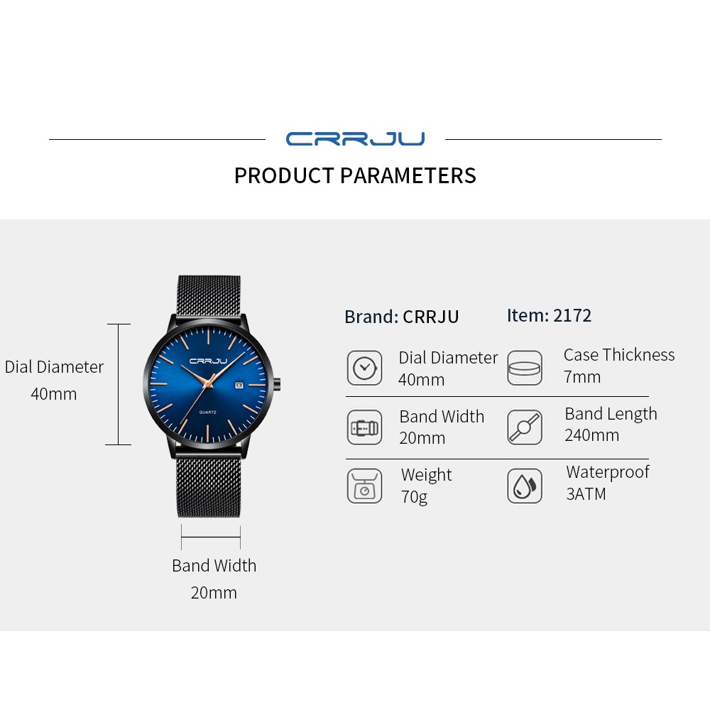 Đồng hồ nam CRRJU 2172X thạch anh mỏng chống nước dây bằng inox