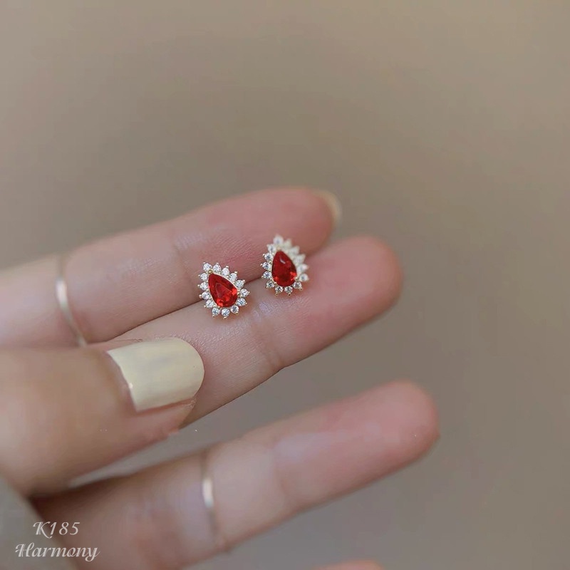 Bông khuyên tai bạc nữ mạ vàng đính đá màu đỏ xinh xắn, sang chảnh | HARMONY ACCESSORIES K185