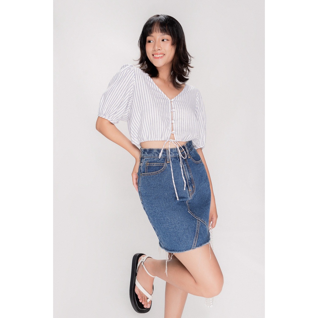 LIBÉ - Áo kiểu tay phồng Linen hoạ tiết sọc xanh