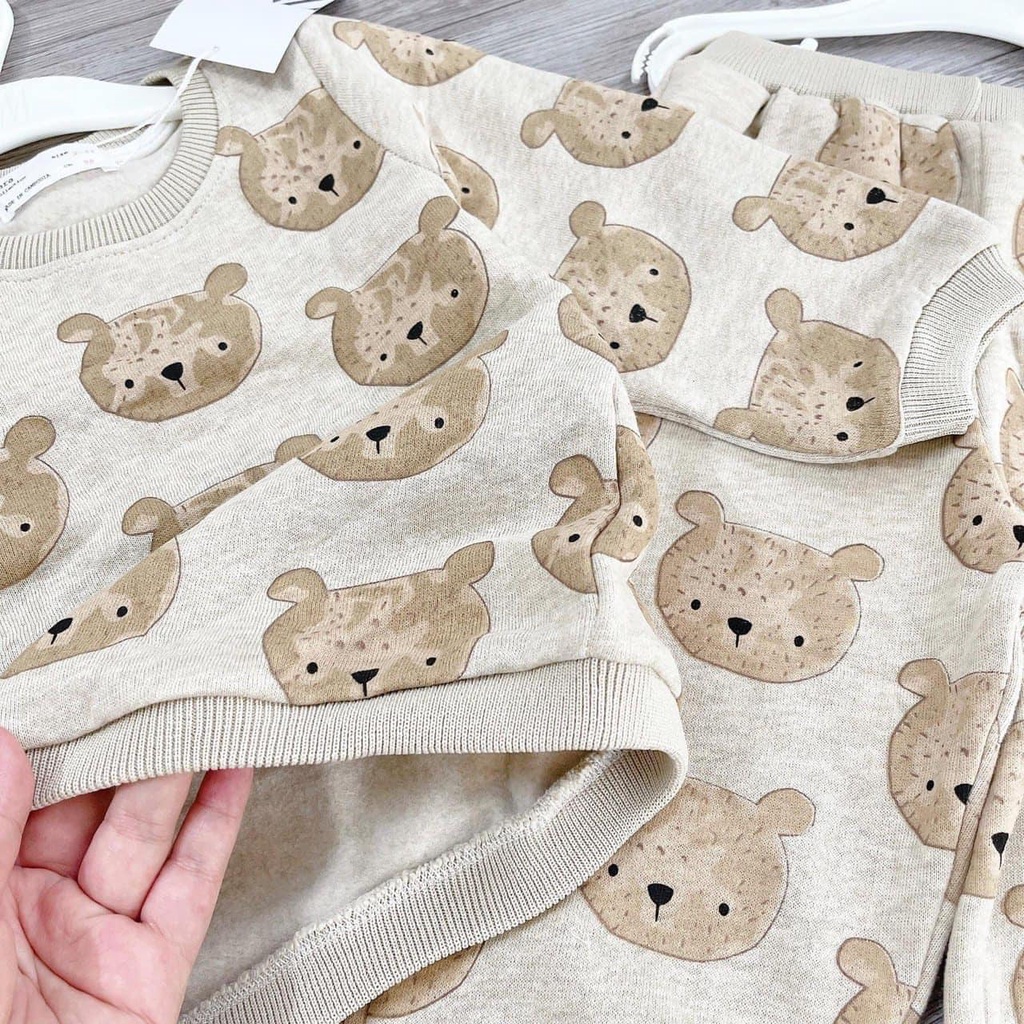 Bộ nỉ bé trai bé gái cổ tròn hình gấu nâu xuất xịn chất nỉ bông siêu ấm không xù