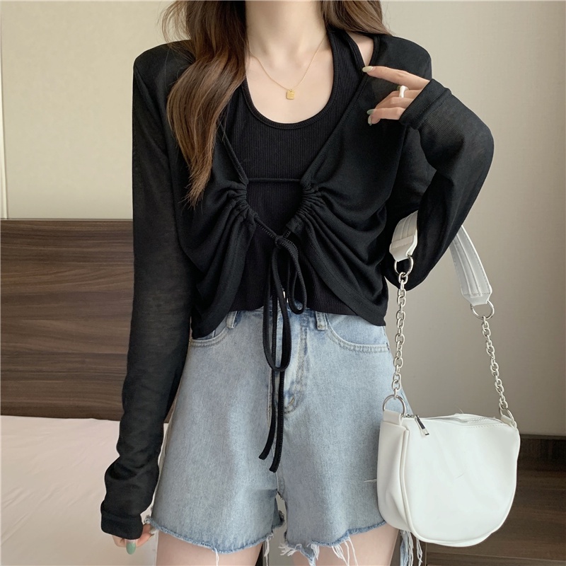 SUXI Áo Kiểu Tay Dài Cổ Chữ V Phối Dây Rút Mỏng Chống Nắng Phong Cách Hàn Quốc Thời Trang Mùa Hè Cho Nữ