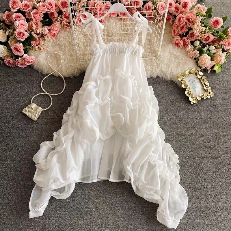 Váy đầm maxi trắng 2 dây xoè tầng bèo tiểu thư vintage công chúa siêu xinh đi chơi đi tiệc boho thổ cẩm