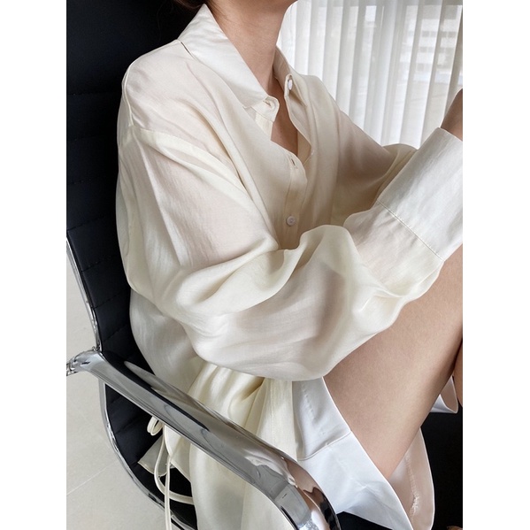 Áo sơ mi chất liệu tơ thắt nơ eo - A002