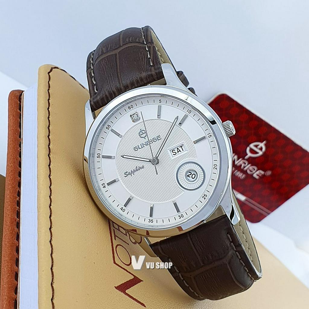 Đồng hồ nam SUNRISE DM782PWA 2 Lịch Kính Sapphire Chính hãng