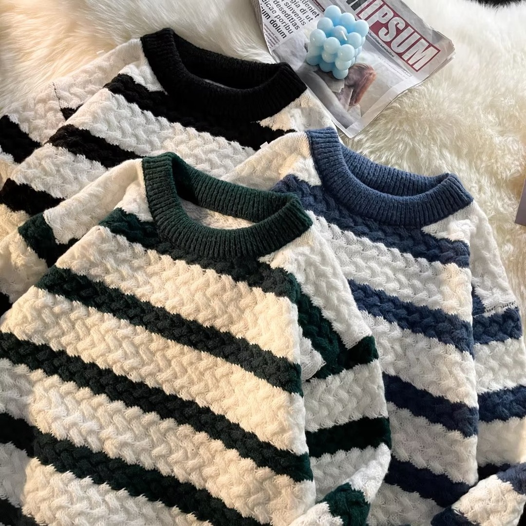 Áo Sweater Dệt Kim Kẻ Sọc Dáng Rộng Phong Cách Hàn Quốc Thời Trang Cho Cặp Đôi