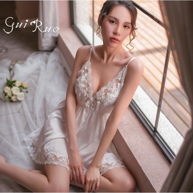 Váy Ngủ Lụa ❤️FREESHIP❤️ [Giảm 5K nhập mã DONG5] Váy Ngủ Nữ Lụa Phi Bóng Cao Cấp Phối Ren Tinh Tế V19