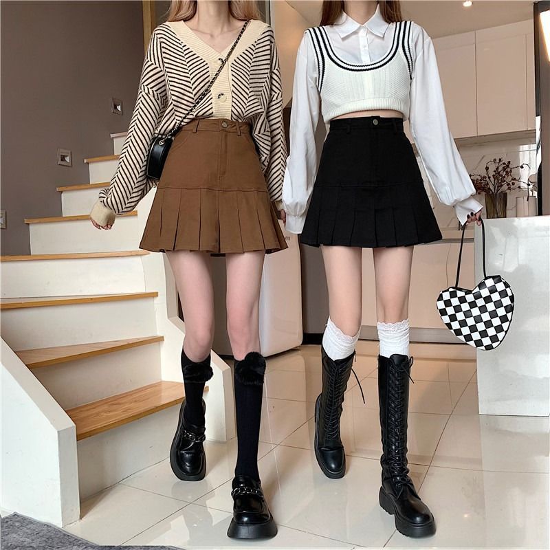 Chân váy COZOKC dáng chữ A lưng cao xếp ly xinh xắn thời trang Hàn Quốc