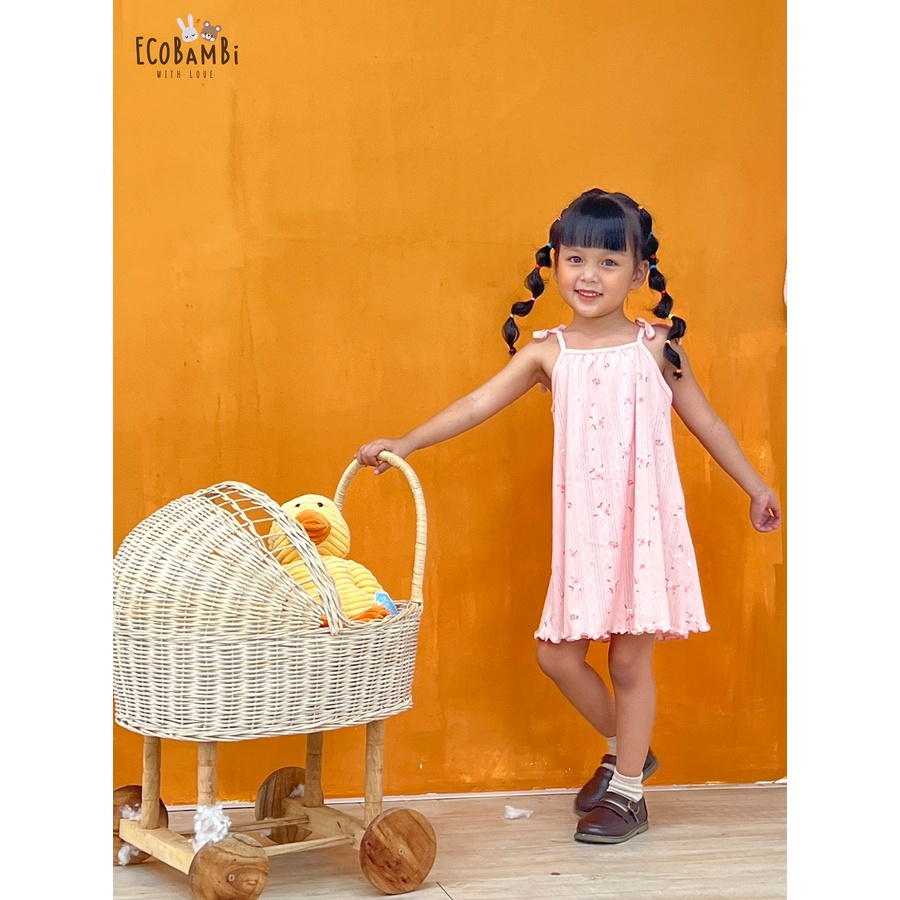 Đầm 2 dây chất thun thông hơi cotton Hàn Quốc kiểu dệt Jacquard in hoa bé gái Ecobambi