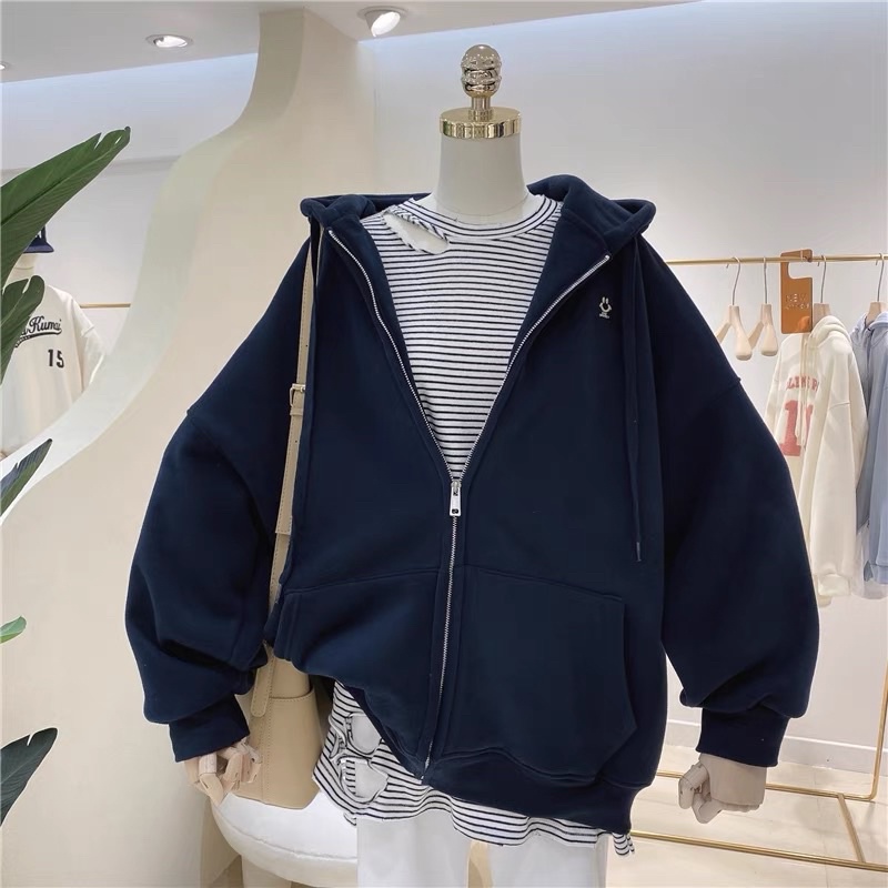 Áo khoác vải nỉ Lót Bông Dày Dặn Thêu Mặt Cười Unisex Form Rộng